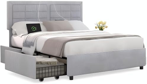VECELO Queen Size Bed Frame with 4 Storage Drawers & Adjustable Headboard, Built-in Charging Station, Upholstered Bedframe with Wood Slats Support, Light Gray