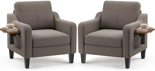 Accent Chairs Set of 2 for Living Room, Mid-Century Upholstered Armchair with Foldable Table & 2 Side Pockets, Modern Linen Wooden Sofa Chair for Bedroom & Reading Room, Brown