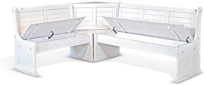 Pemberly Row 75" x 56" Farmhouse Wood Breakfast Nook Set with Table, Storage, Reversable Benche, L-Shaped Corner Bench, for Dining Room, in Marble White Finish
