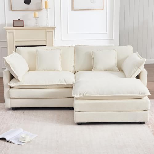 Tmsan 76.7" Beige White Cloud Couch, Small L Shape Sectional Sofa, 2 Seater | Modular Loveseat for Small Spaces Living Room Apartment, Ottoman Chaise, Comfy Chenille, Deep Seat, Modern Luxury Convertible