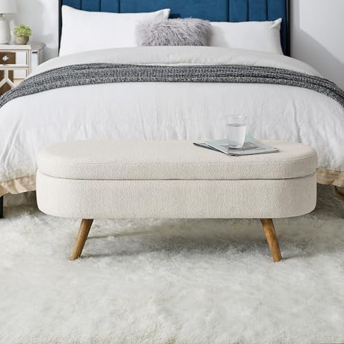 43.5" Ottoman with Storage, Storage Ottoman Bench with Safety Hinge, Linen End of Bed Bench, Upholstered Entryway Bench for Bedroom, Living Room & Window, Holds up to 330 lb, Beige