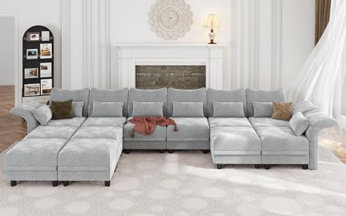 LLappuil 179" Oversized Modular Sectional Sofa with Storage Seat 12 Piece Large Sectional Couches for Living Room with Adjustable Arms Backs, Convert to U/L/Sleeper Sofa, Grey Chenille