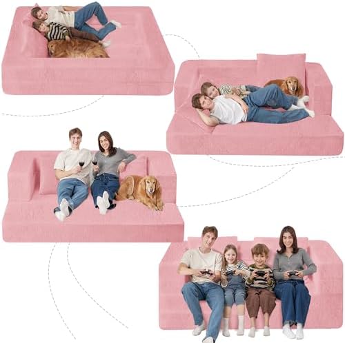Futon Sofa Bed with Pillow, 3-in-1 Sleeper Sofa Bed with Removable Cover | Convertible Floor Sofa Bed with Memory Foam Filled, No Assembly Couch for Living Room, Bedroom(Pink King)