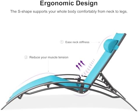 PURPLE LEAF Patio Pool Lounge Chaise Set of 3 Outdoor Chair, Turquoise Blue | 2 Chaise + 1 Table, Aluminum Frame, UV Textilene Fabric, Adjustable Headrest & 5 Recline Angles, Stackable, S-Curve Backrest
