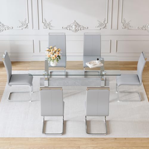 71" Glass Dining Table Set for 6|Modern Dining Table Set for 6 with Faux Leather Chairs|0.4" Thick Tempered Glass Tabletop|Silver Chrome Metal Legs with Grey Crossbar|Easy Assembly