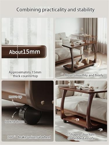 Modern C Shaped Solid Wood End Table with Rolling Wheels | Portable Mini Couch Table for Small Spaces | Square Corner Table for Living Room, 60cm