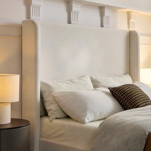King Size Upholstered Platform Bed Frame, 52.3" High Headboard Carmen Wingback Beds, Tall Headboard King Floor Bed Frames, No Box Spring Needed No Noise, Minimalist, Textured Ivory