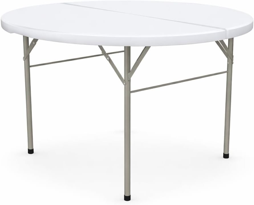 Round Folding Table, Heavy-Duty Plastic, White Granite, 48 Inch Diameter, Bi-Fold Design, Steel Frame, Indoor Outdoor Use, 400 lb Capacity