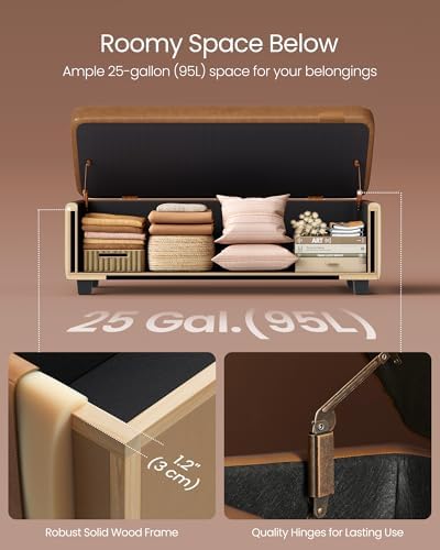 VASAGLE Storage Ottoman Bench with Stitching, PU Leather, Entryway Bedroom | Ottoman Bench, Mid-Century Modern, with Stitching, Bedroom, Living Room, Caramel Brown, EKHO Collection ULOM075K01