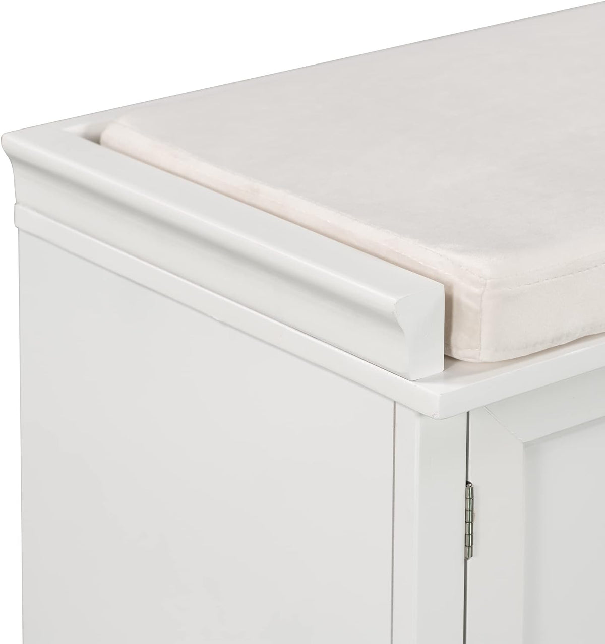 GDFStudio Jasd 42.50" Storage Bench with 2 Drawers and 2 Cabinets, Shoe Bench with Removable Cushion, Solid Wood Frame Storage Ottoman, Rectangular Cabinet Shoe Seat for Living Room Entryway, White