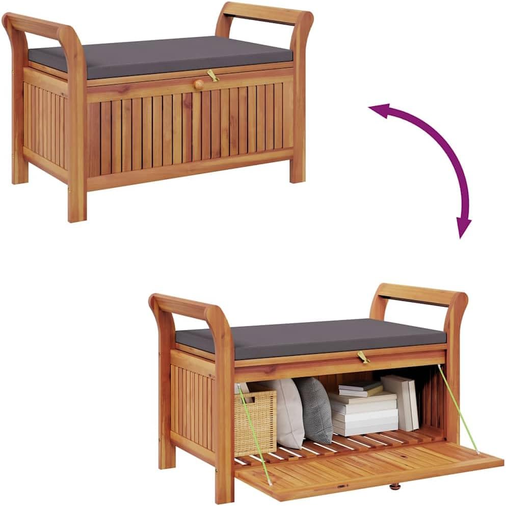 Solid Acacia Wood Patio Storage Bench with Cushion, 35.8 Inch Outdoor Bench for Garden, Curved Arms, Ample Storage for Pillows and Blankets