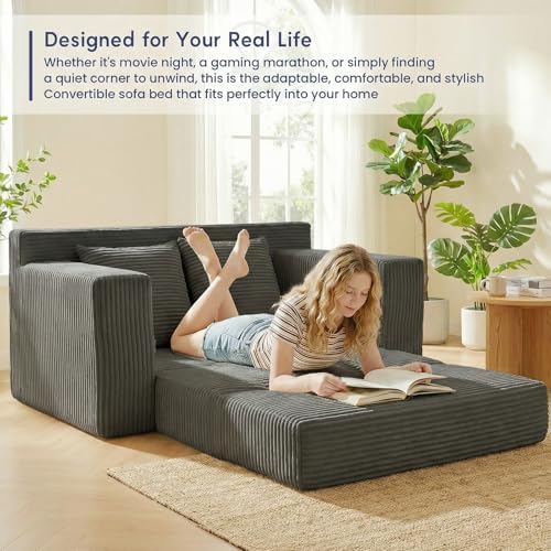 cidludto Couch Loveseat Sleeper, Convertible Sofa Bed Folding Couch Bed Foldable, 2 in 1 Chair Bed & Futon Sofa Bed, Small Pull Out Sofa with 4 Pillows for Living Room, Grey