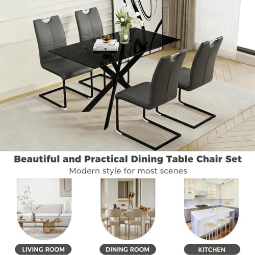 51.18" W Glass Dining Table Set for 4, Modern Rectangular Glass Kitchen Table with Black Table-top, 4 PU Leather Chairs with Black Legs, for Dining Room, Home - Dark Grey