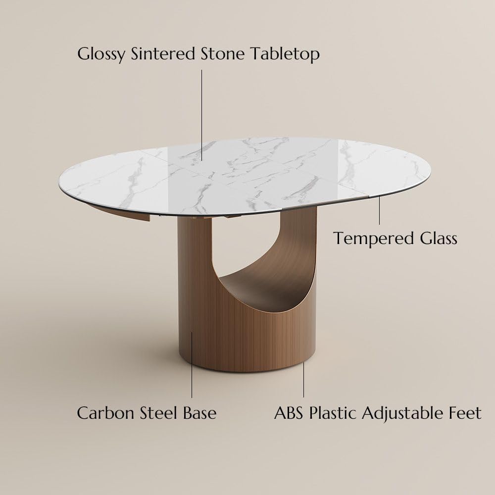 POVISON Modern Extendable Dining Table for 4-6, 47" to 63" Round to Oval Sintered Stone Kitchen Table with Carbon Steel Base, Mid-Century Dinner Tables for Dining Room, Glossy White(Table Only)