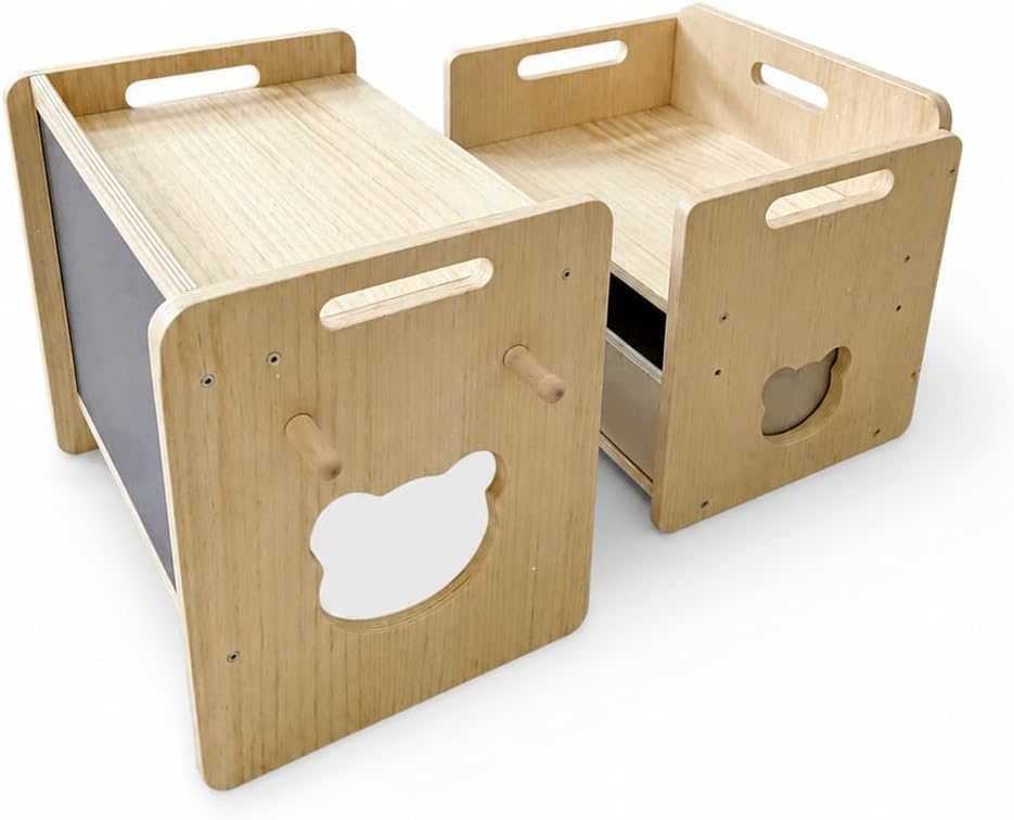 Montessori Weaning Table and Chair Set with Storage Box & Drawing Board | Adjustable Height, Ages 1-3 Years, Wooden Construction, Bear Cutout Design, Learning & Mealtime