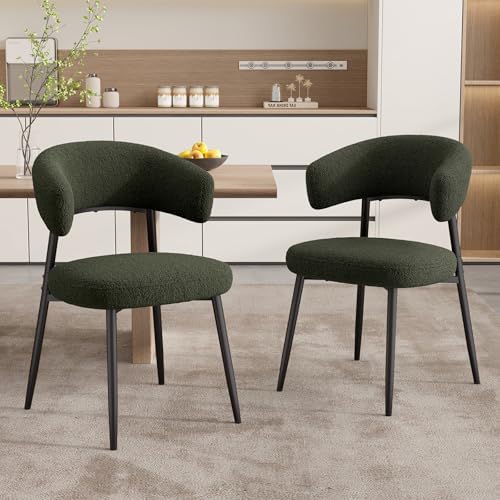Dining Chairs Set of 4, Mid Century Modern Kitchen Chairs, Boucle Upholstered Dining Chair with Curved Backrest & Metal Legs for Kitchen Dining Room, Green