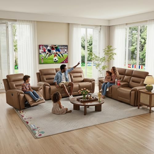 ANJ 3-Piece Power Recliner Sofa Set with Charging Ports, Include Single Recliner Chair, 2-Seater Loveseat with Hidden Storage & Cup Holders and 3-Seater Reclining Couch for Living Room, Brown