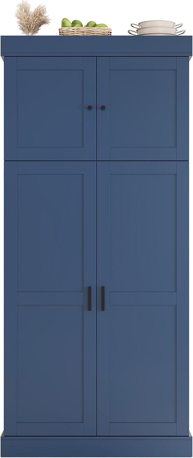 Merax 77''Tall Freestanding Kitchen Pantry,Farmhouse Tall Storage Cabinet with 2 Standard Plugs and 2 USB Ports,Wood Food Pantry with Adjustable Shelves,Door Shelves, Drawers and Wine Racks,Blue