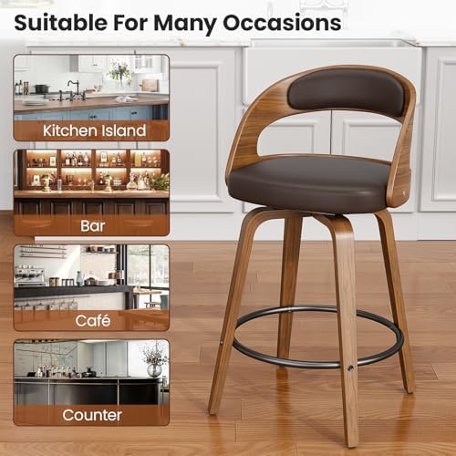 REONEY Swivel Bar Stools Set of 3, 26" Counter Height, Brown | Walnut Wood Legs, Upholstered Seat, Supportive Backrest, Mid-Century Modern, PU Leather, for Kitchen Island, Bar, Coffee Shop