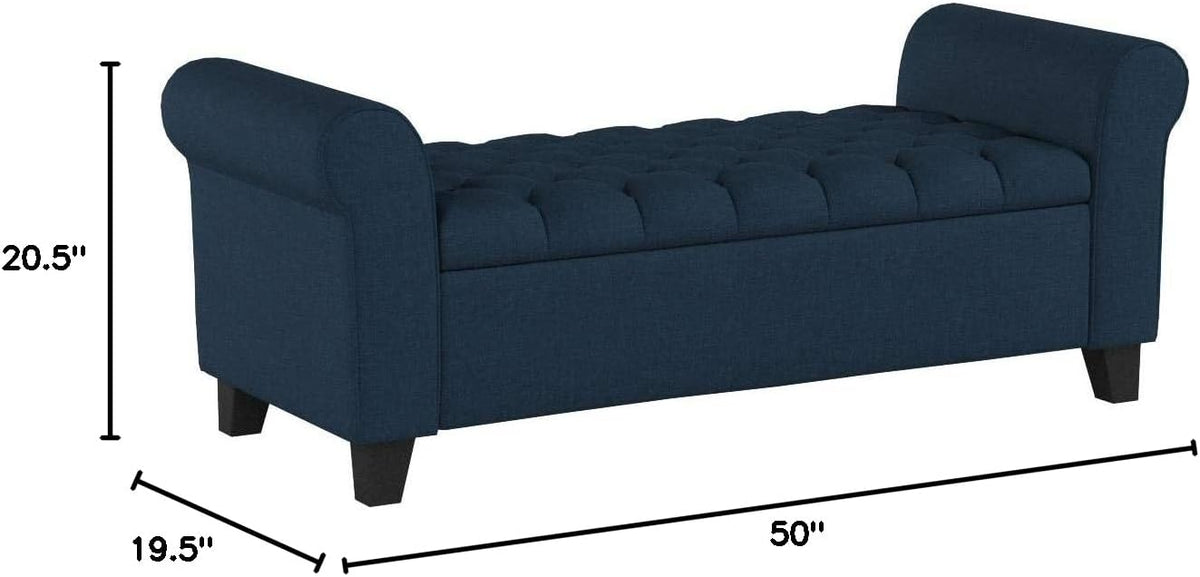GDF Studio Keiko Fabric Armed Storage Bench, Dark Blue, Dimensions: 19.75”D x 50.00”W x 20.5”H