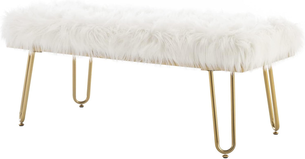 White Faux Fur Ottoman Bench Upholstered Furry Entryway Bedroom Bench with Gold Metal Legs, Modern Contemporary Long Bench Ottoman Hair Foot Rest Stool for Entryway, Living Room, Bedroom