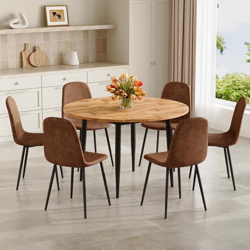 FURNITO Round Dining Table Set for 6, 42"-54" Round to Oval Extendable Table with 6 Suede Upholstered Chairs, Space-Saving Wood Dining Room Table Set for Small Apartments or Kitchens, Easy Assembly