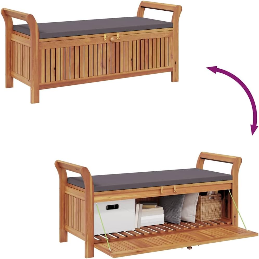 Solid Acacia Wood Garden Storage Bench with Cushion, 49.6 Inch Outdoor Patio Bench with Curved Arms and Ample Storage Space for Pillows and Blankets
