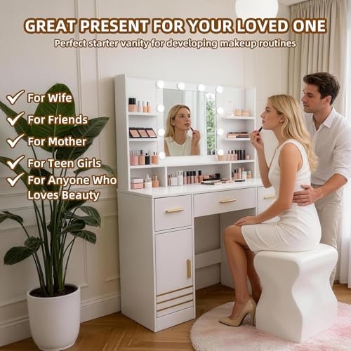 42" W Vanity Desk with Power Outlet Mirror and LED Lights Large Heavy Duty Makeup Vanitys Table with 3 Drawers & 6 Open Shelves & 2 Cabinet Storage for Bedroom Dressing, White