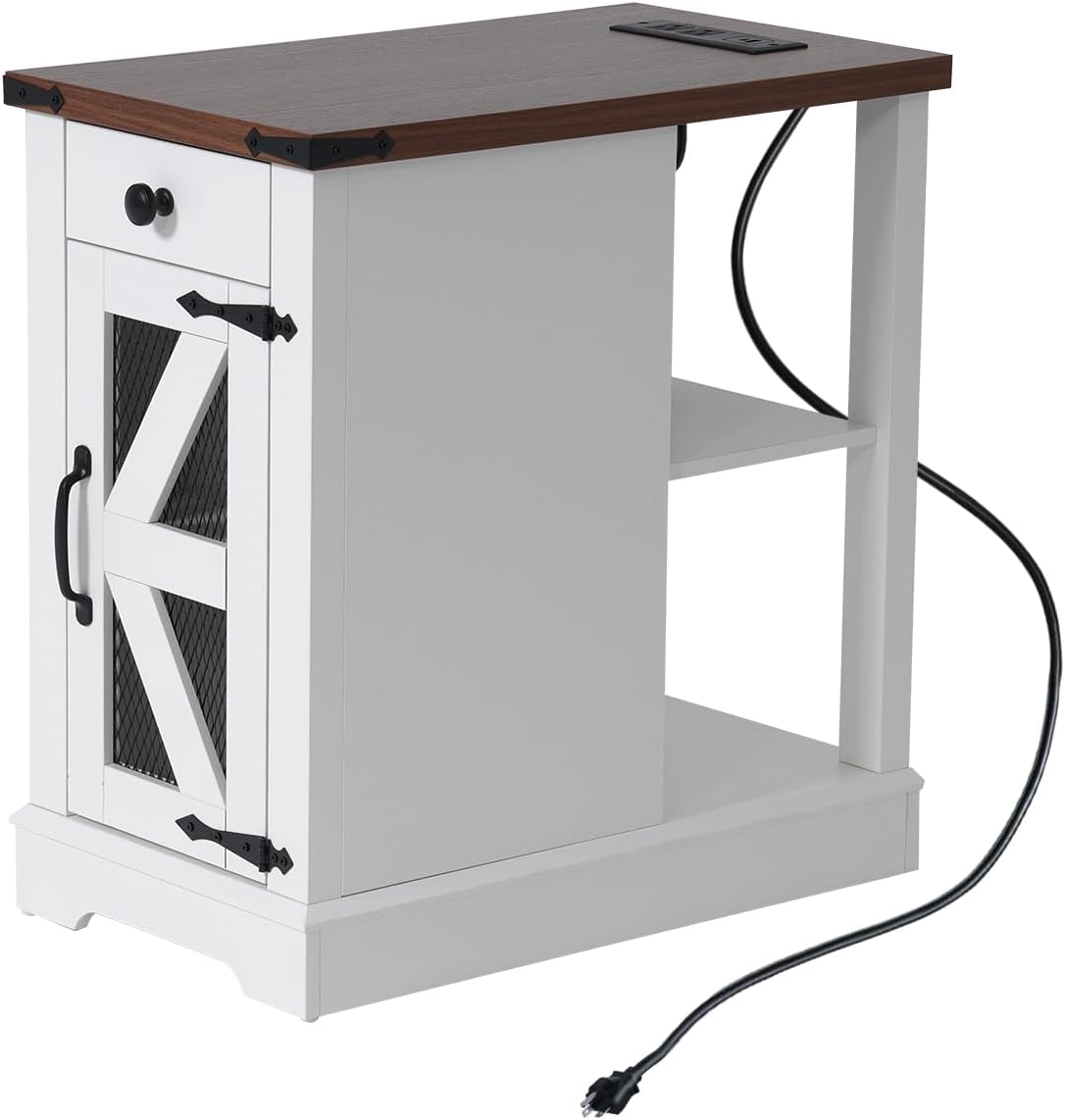 SUNSITT Side Table with Charging Station, Farmhouse End Tables with Back Storage Shelf, Outlets & USB Ports, Night Stand with Storage Cabinet Drawer Adjustable Shelf, White