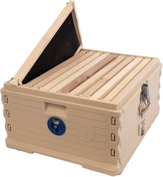 Apimaye Insulated Deep Super with 10 Wood Frames with Premier Double Waxed Foundation. (Tan Body Blue Entrance)