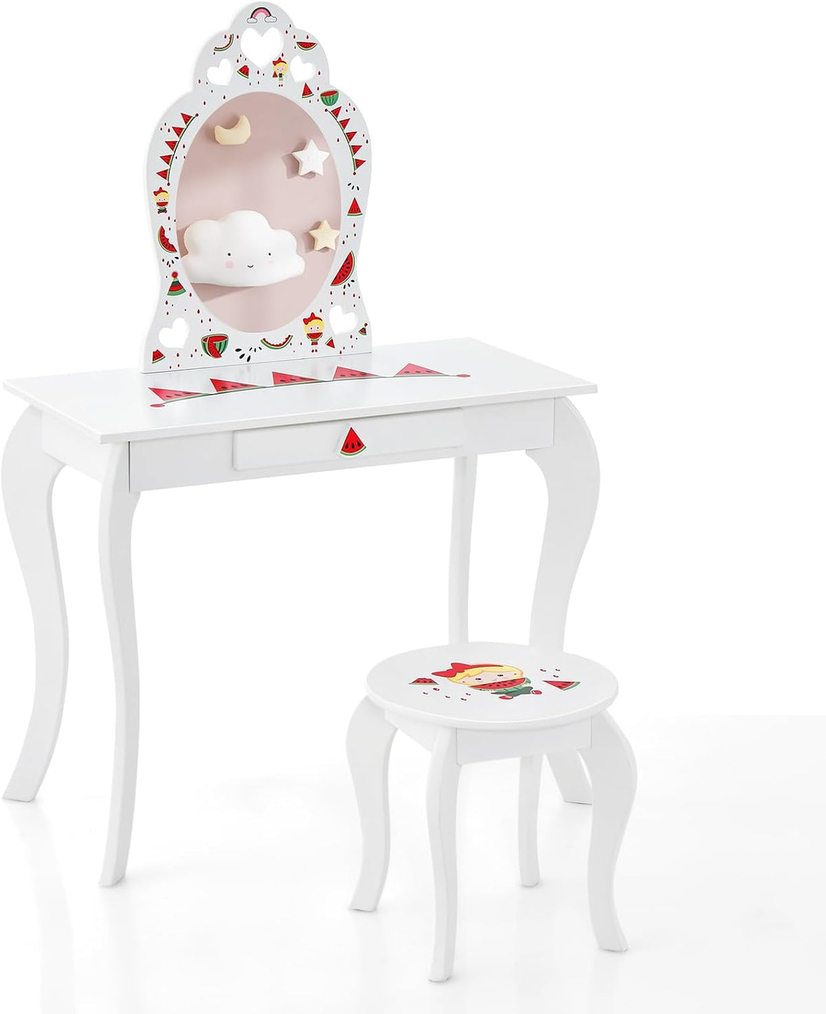 Costzon Kids Vanity, Girls Vanity Set with Mirror and Stool, Storage Drawer, Princess Toddler Makeup Vanity Desk Dressing Table, Wooden Kids Vanity Table and Chair Set (Fruit Pattern)