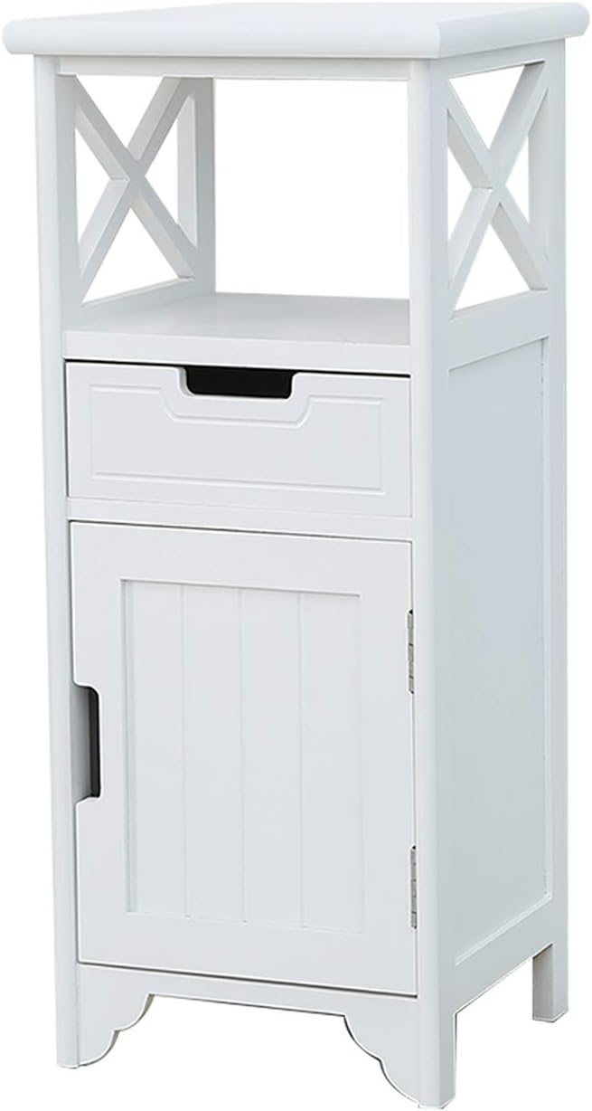 30" High Fully Assembled Nightstand with Drawer and Doors,Solid Wood,White | 30Inch Height Pre-Assembled Side End Table, No Assembly Bathroom Cabinet, Open Shelf, Slim Floor Standing Storage Cabinet