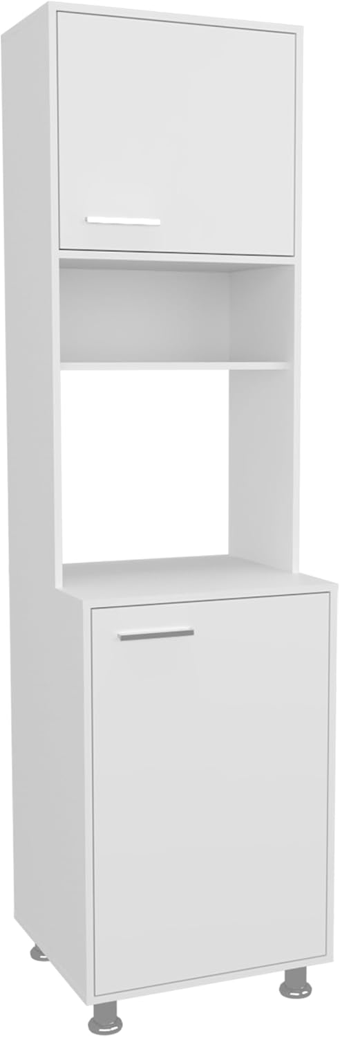 FM FURNITURE Kitchen Pantry Storage Cabinet, Freestanding Organizer with Doors and Open Shelves, Space Saving Kitchen Storage, White