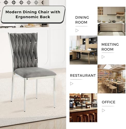 Velvet Dining Chairs Set of 4, Modern Upholstered Kitchen Chairs with Silver Metal Legs, Woven Velvet Fabric and High Back, Dirt Resistance, Easy to Assemble, for Home, Living Room - Dark Grey