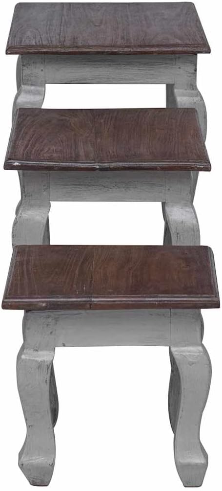 Nesting Table Set 3 Pieces Solid Mahogany Wood | Handmade Vintage Style, Antique Look, Space Saving, Unique Color Variation