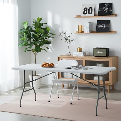 6FT White Plastic Folding Table Heavy Duty Tables Set of 1 | HDPE Tabletop Fold-in-Half Portable Utility Foldable Carrying Handle for Party Picnic Dining Office Event Indoor & Outdoor