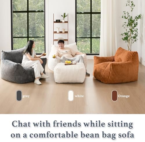 Giant Plush Bean Bag Chair for Adults with Armrests - Oversized Comfy Beige Beanbag Lounge Lazy Floor Sofa Accent Chair for Living Room, Bedroom & Dorm, Cozy Fluffy Single Cloud Mini Couch