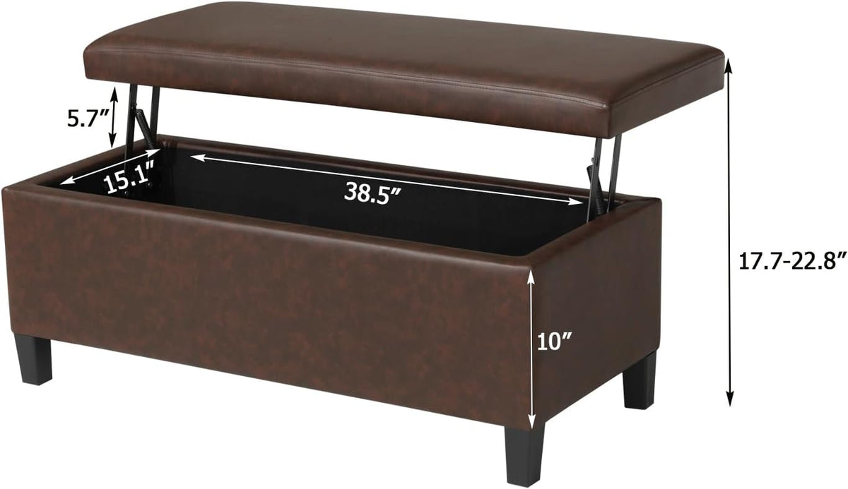 Adeco 42" Storage Leather Bench for Living Room – Black & Red Two-Tone End of Bed Storage Bench, Multi-Functional Top-Lift Coffee Table Ottoman with Storage for Bedroom or Entryway