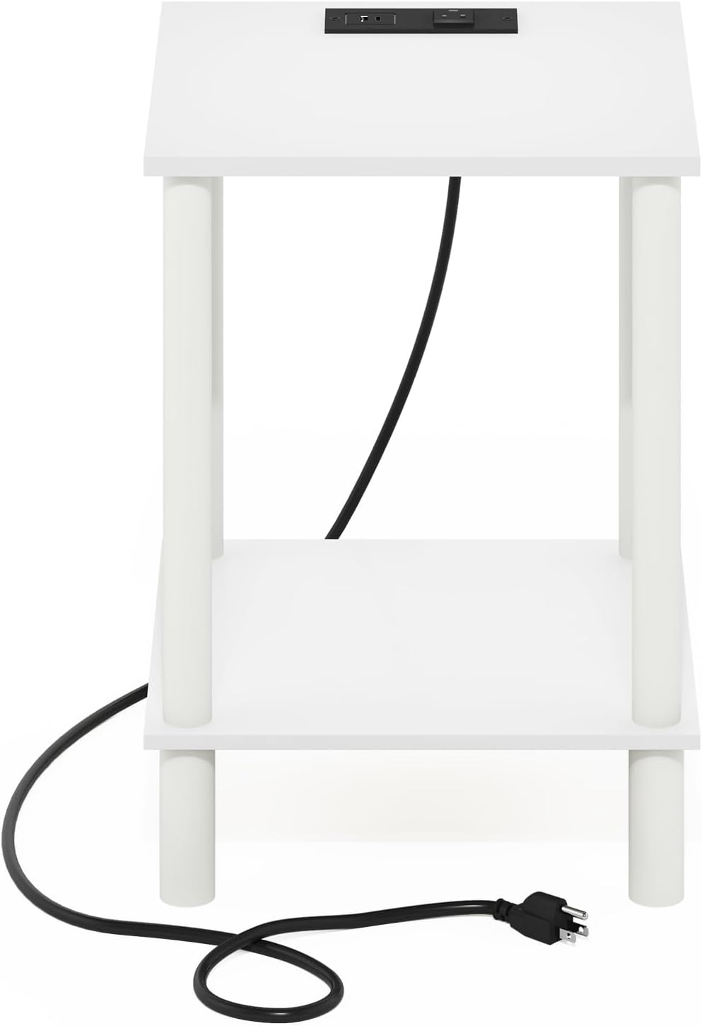 Furinno Turn-N-Tube Side Table, 2-Tier Square End Table with Charging Station, Night Stand, Bedside Table with USB and Type-C Port, for Living Room, Bedroom, White