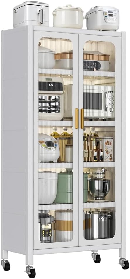 65" Kitchen Pantry Storage Cabinet - Metal 6-Tier Cabinet Transparent Doors with Wheels & Adjustable Shelves for Living Dining Room (White)