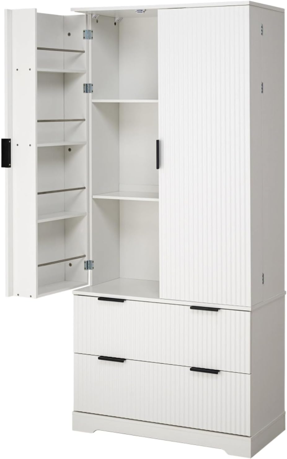 Hassyee 72" Modern Fluted Kitchen Pantry Cabinet with 2 Large Drawers & 8-Door Spice Rack, Freestanding Storage Organizer for Bathroom, Dining Room, Office, Entryway, White