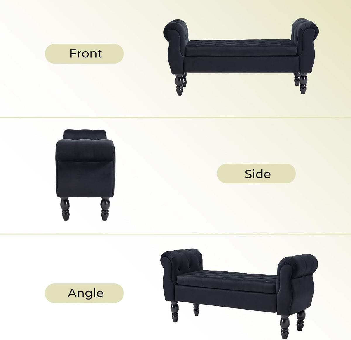 Velvet Upholstered Storage Bench with Arms and Wooden Legs, 47.6" Modern Button Tufted Bench for Bedroom End of Bed, Upholstered Living Room Entryway Sitting Window Benches for Hallway, Black