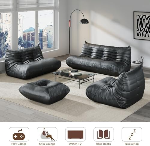 Comfy Lazy Floor Sofa Couch,Soft Armless Chair,Faux Leather Lounge Chair,Corner Relax Sofa Couch for Living Room Bedroom,Salon Office,Adults(Black+3 Seat