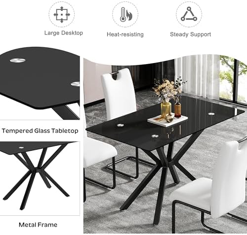 5 Pieces Modern Luxury Glass Dining Set, Minimalist Rectangle Dinner Room Set for 4, 47'' Black Glass Top Kitchen Table Set with Black Tufted Chairs, for Small Apartment Home