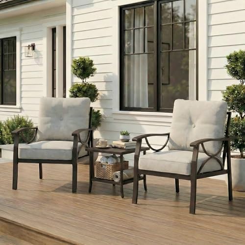 RoyalCraft Outdoor Patio Furniture Set, 3 Pieces Metal Patio Conversation Set with Side Table for Porch Garden Backyard, Beige