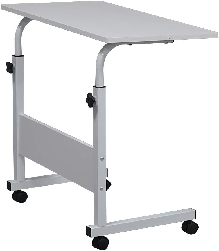 Portable Laptop Computer Desk Stand with Wheels, Rolling Sofa Side Snack Table, Height Adjustable Breakfast TV Tray Bedside Coffee, White L