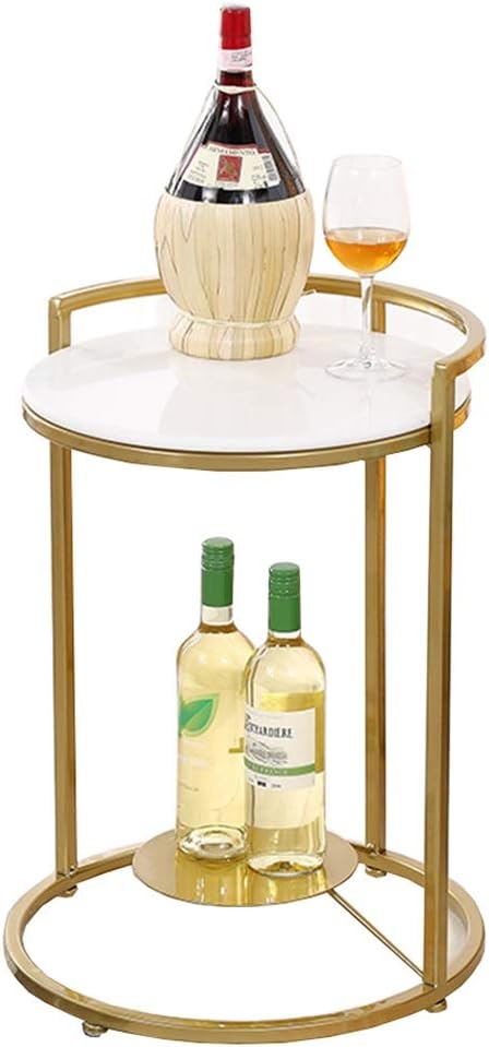 Telephone Table, Side Table Living Room Marble Small Round Table Telephone Table Golden Wrought Iron 2 Layer Corner Table Snack Table,16.9"×21.6" (Color:White)