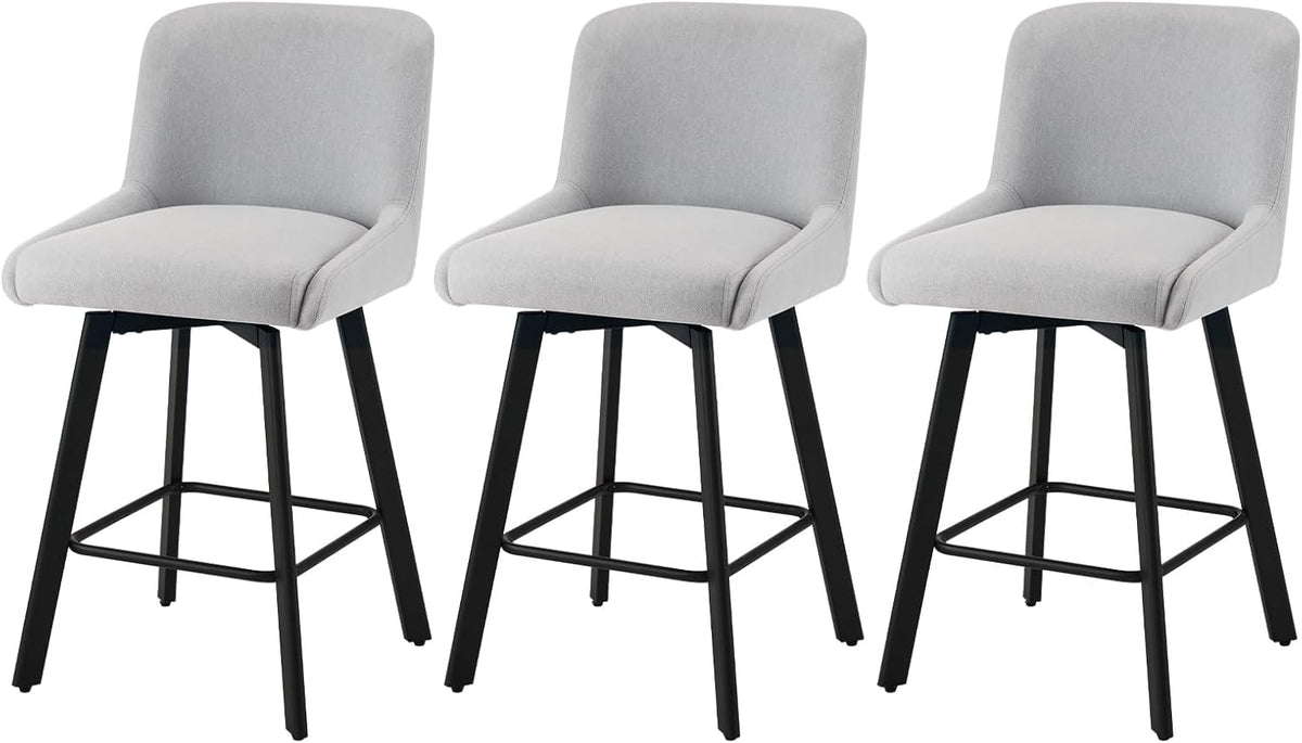 SAECKBERG Swivel Bar Stools Set of 3, 26''H Upholstered Barstools with Backs, Modern Counter Height Bar Stool Chairs for Kitchen Island, Metal Legs, Light Gray Fabric Counter Stools