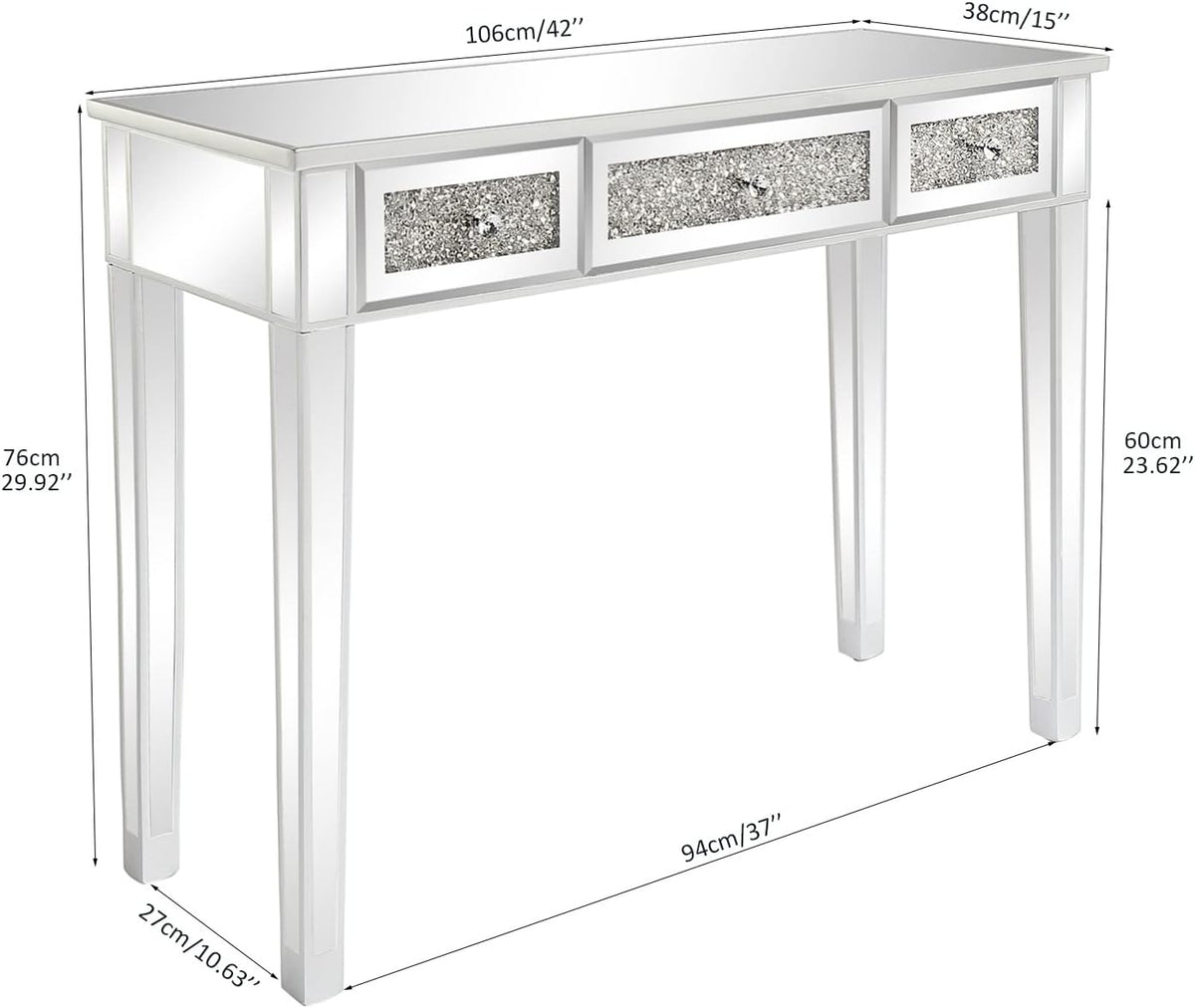 VINGLI Silver Mirrored Vanity Desk, Makeup Vanity Desk, Glass Desk with 3 Drawers, Glass Vanity for Women Girls Bedroom, Makeup Room & Office Writing Desk