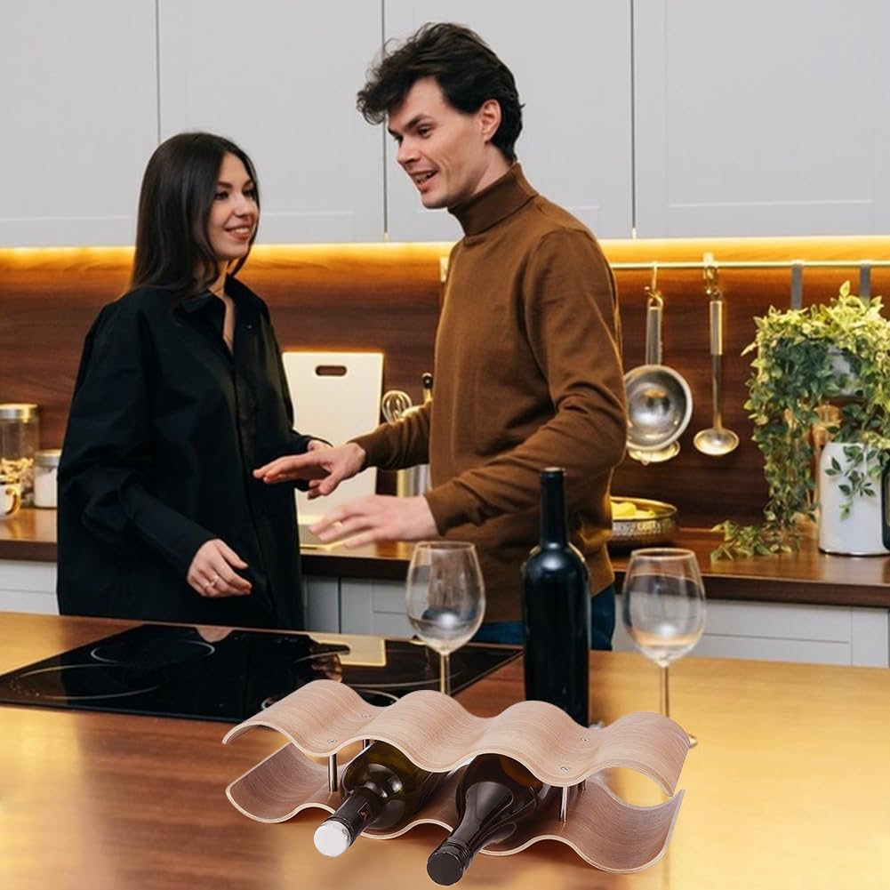 UNICRAFTALE 7 Bottle Wooden Countertop Wine Rack 2 Tier Wavy Small Peru Brown Wood Wine Holder Shelf for Kitchen Bar Dining Room Display 16.5x6.1x3.9 Inch